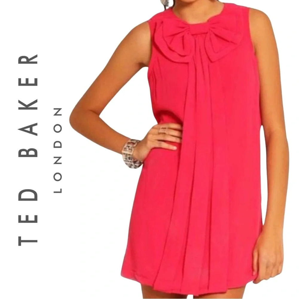 Ted Baker Pelayo Dress Hot Pink Bow and Pleat Detail Sleeveless Lined Size 4